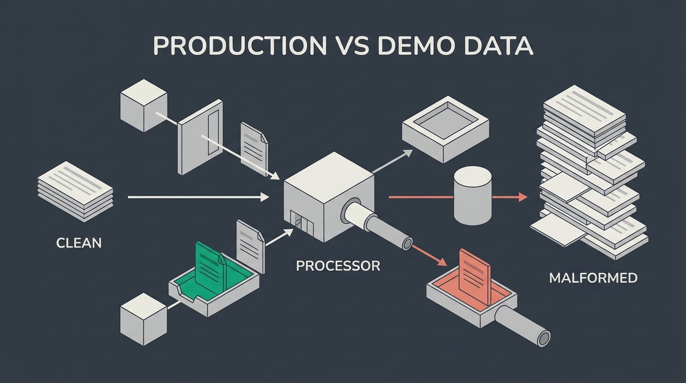 Comparison of a small set of tidy demo records against a larger set of irregular, malformed and empty production records entering the same automation workflow.