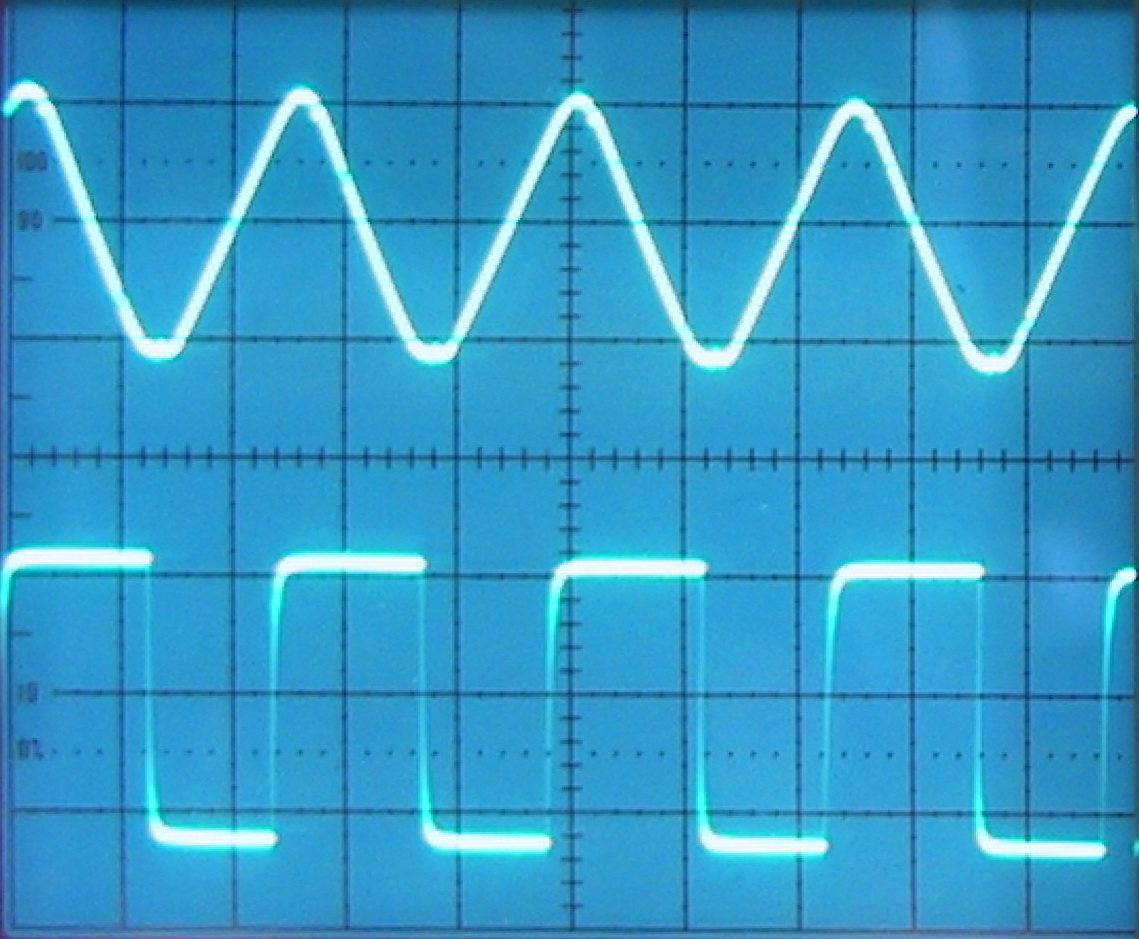 Oscilloscope display showing signal waveforms during electronic diagnostic testing.