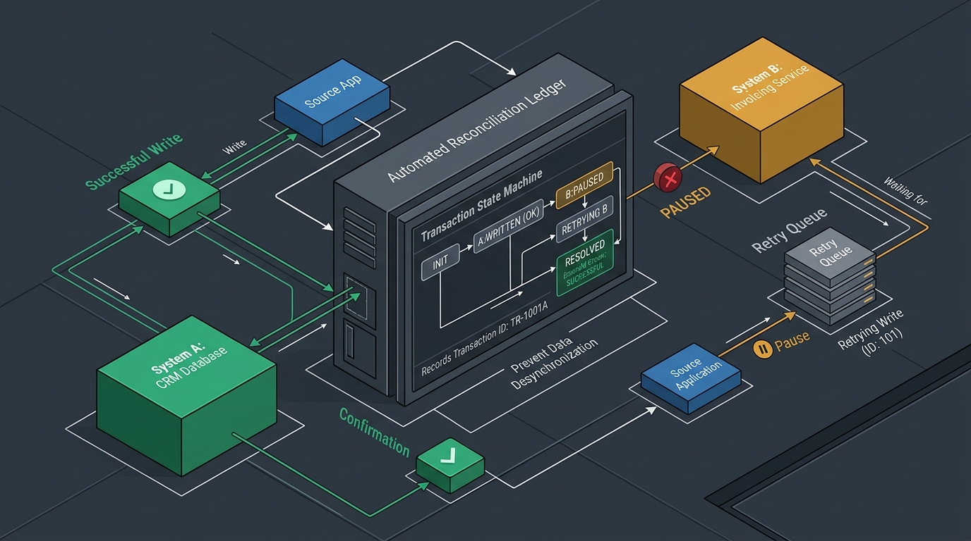 Multi-system write reconciliation architecture showing transaction state machine ledger and compensating retry queue preventing data desynchronization between CRM and invoicing services.