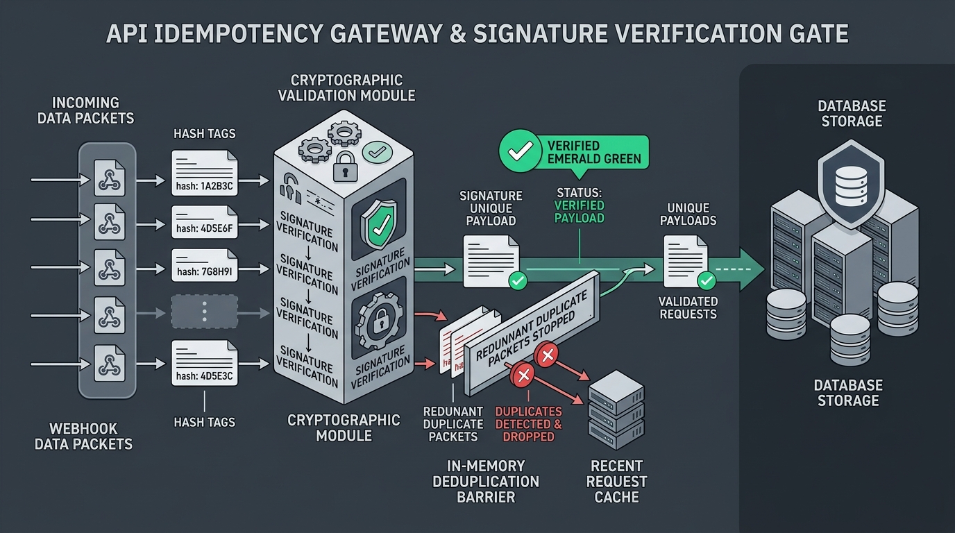 API idempotency gateway and signature verification gate filtering duplicate incoming webhook payloads using cryptographic hash checks before database storage.