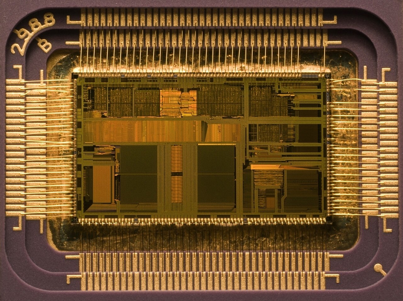 High-magnification microscopic view of integrated silicon die architecture.