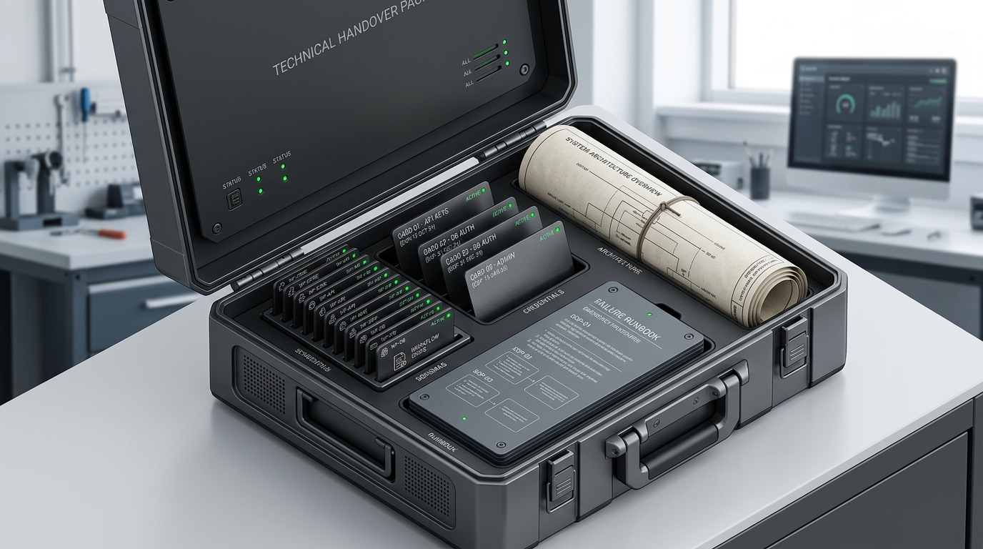 Technical handover pack containing modular workflow schemas, credentials with expiry schedules, system architecture blueprints, and failure runbooks.
