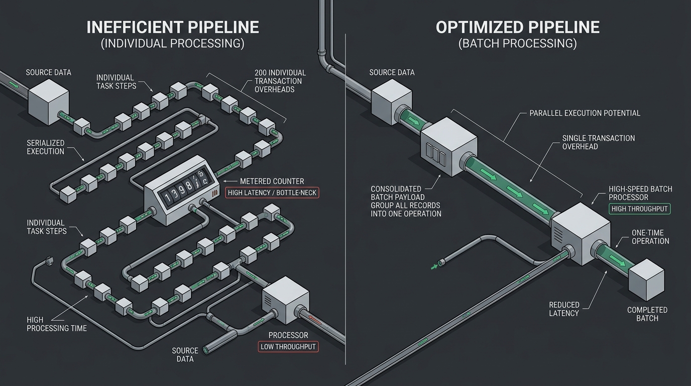 Architectural comparison between an inefficient individual-step loop with metered transaction overhead versus an optimised batch pipeline grouping records into single operations.