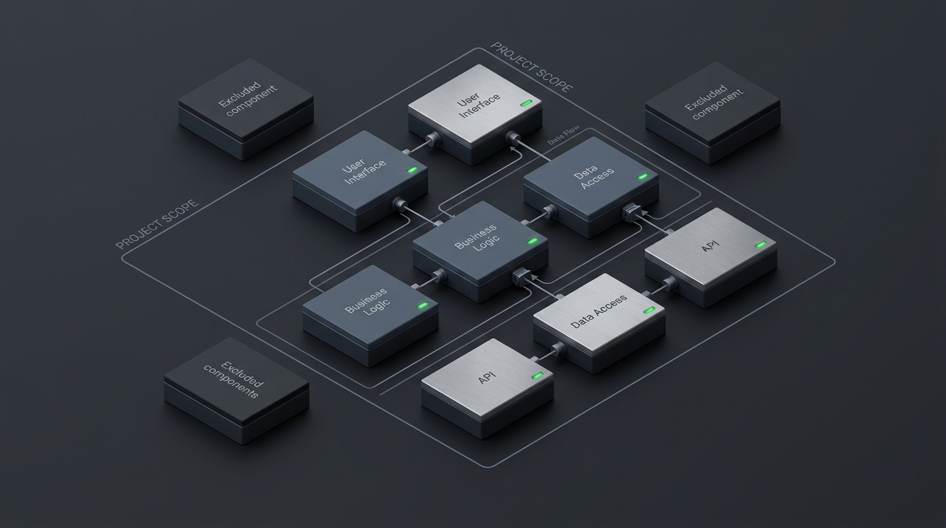 Modular bounded project scope architecture showing explicit boundaries between core business logic deliverables and excluded components.