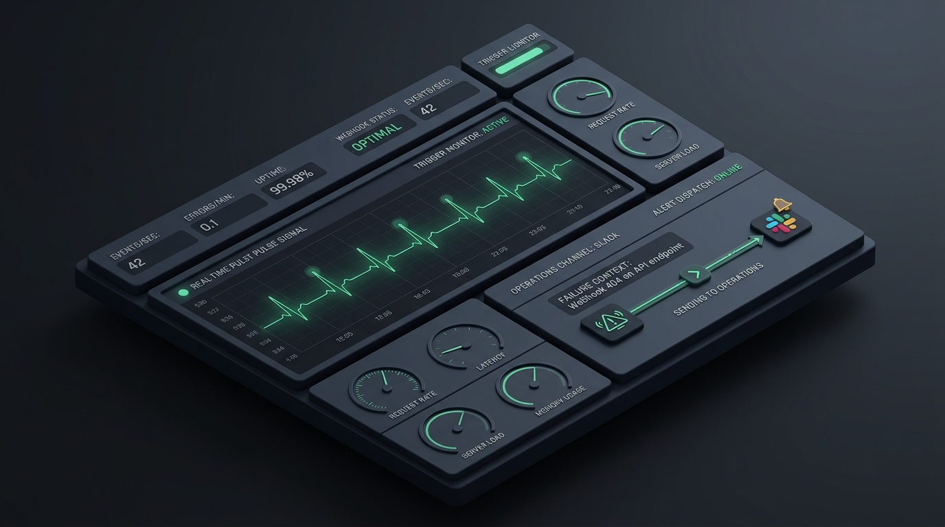 Active automation engineering telemetry console displaying real-time pulse heartbeat, trigger liveness monitoring, and instant failure alert dispatch to operational channels.