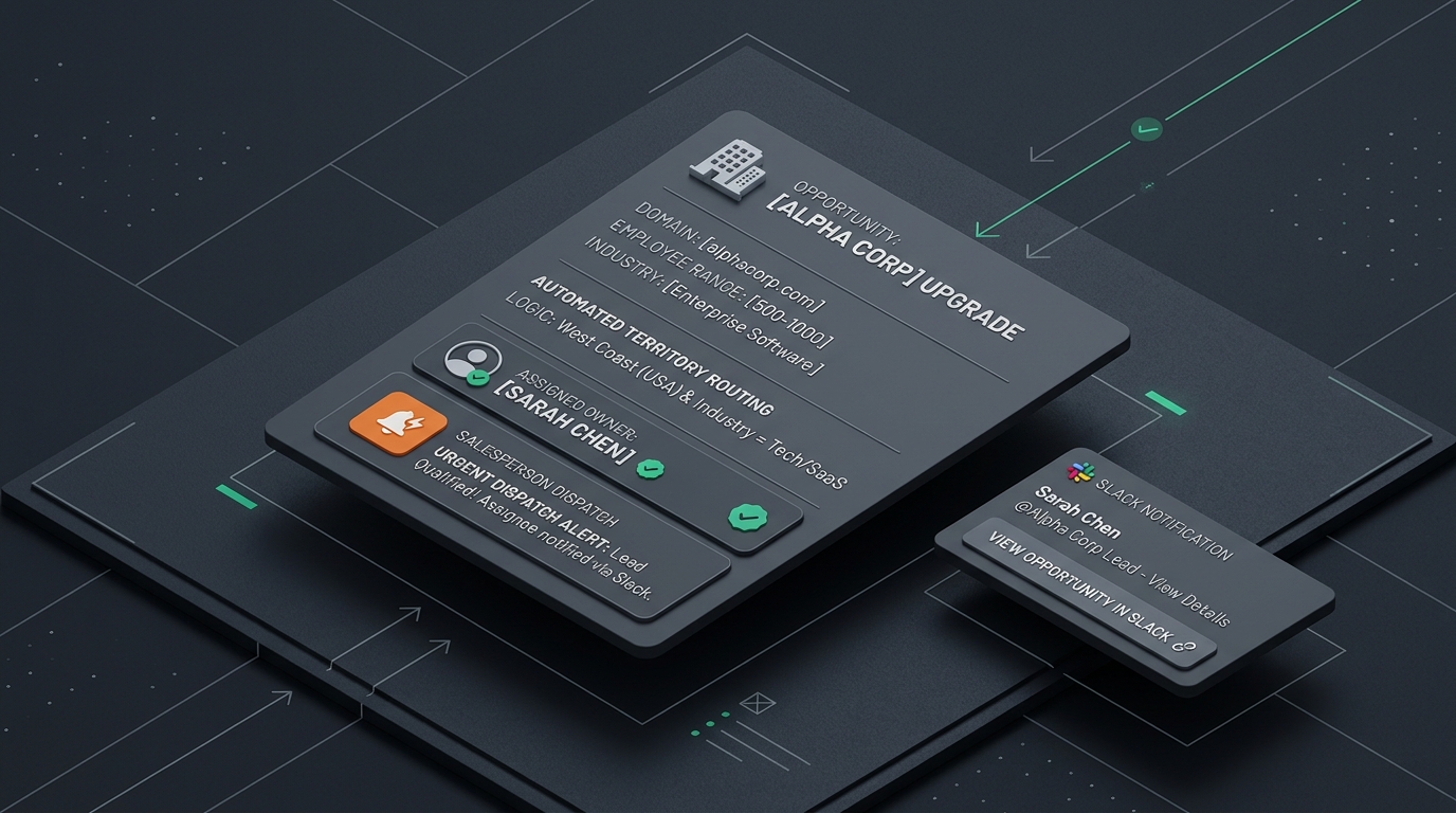Enriched CRM opportunity record displaying verified company metadata, automated territory routing reasoning, and instant salesperson dispatch notification.
