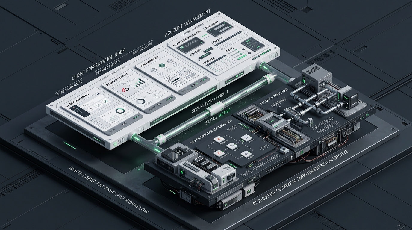 White-label agency partnership workflow showing the client presentation node connected via a secure data conduit to a dedicated technical implementation engine.
